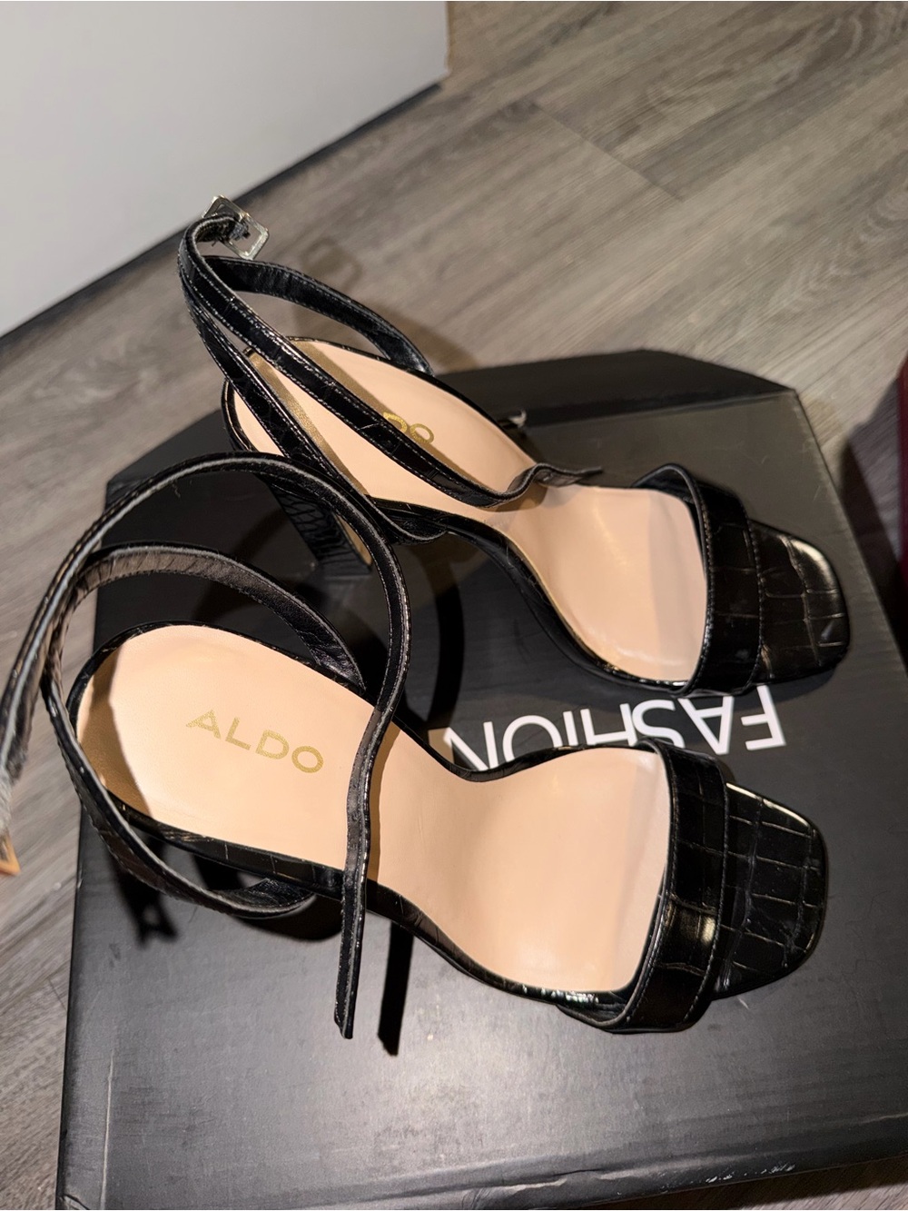 ALDO Black Croc-Embossed Strappy Block Heel Sandals with Ankle Strap